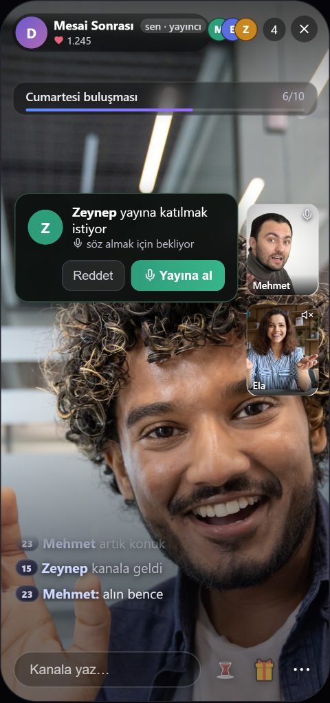 Yayıncının ekranında bir izleyicinin yayına katılma isteği, yanında Reddet ve Yayına al düğmeleri